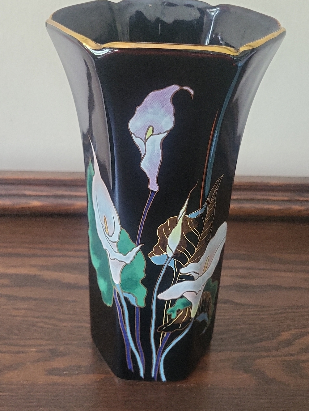 Vintage Japanese Black Floral Ceramic Vase with Gold Trim